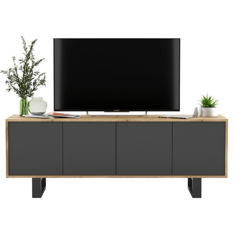 Komoda RTV, loft, NORD, rama, 150x35x53 cm, dąb wotan, grafit, mat