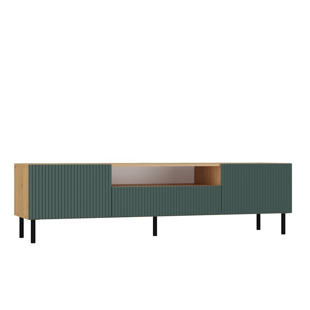 Szafka RTV ryflowana, Kama Slim, 160x40x43 cm, dąb artisan, zielony